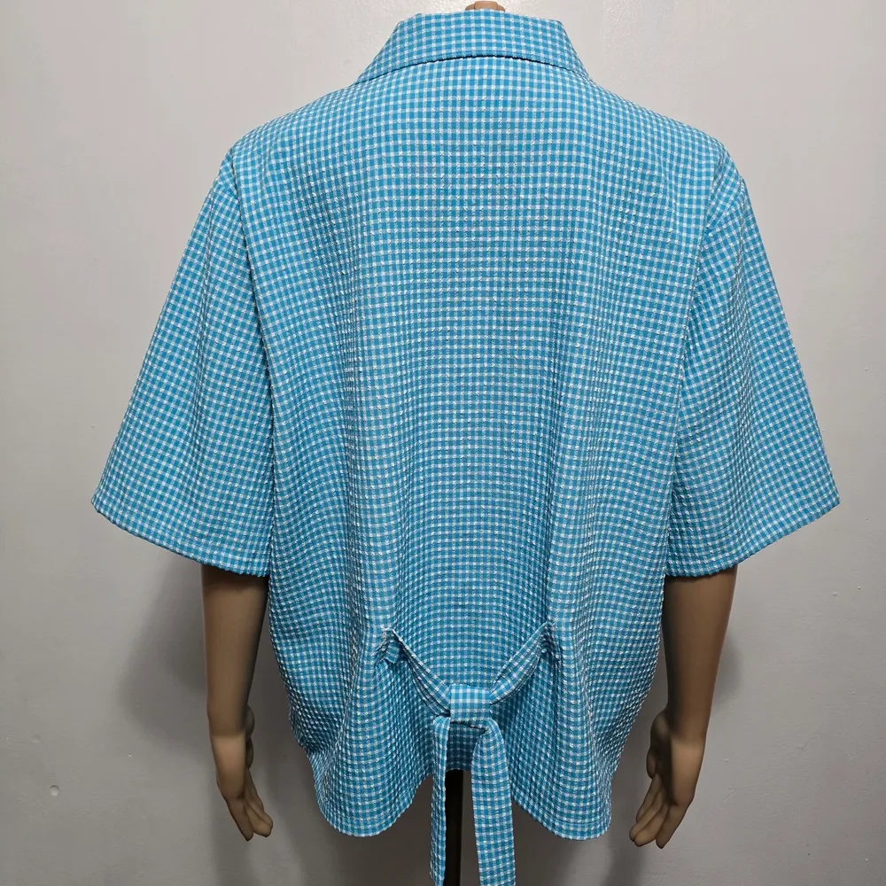 Vintage BonWorth Turquiose Floral Embroidered Gingham Shirt – Size Large Blue - Image 5