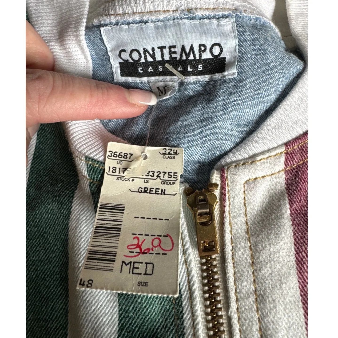 NWT Vintage 90s Contempo Casuals Colorblock Striped Denim Bommer Jacket medium - Image 7