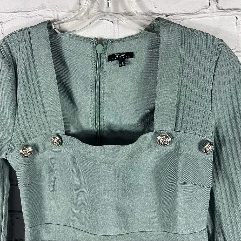 WOW Couture Green Dress Square Neck Long Sleeve Button accents Size L (B11) - Image 6