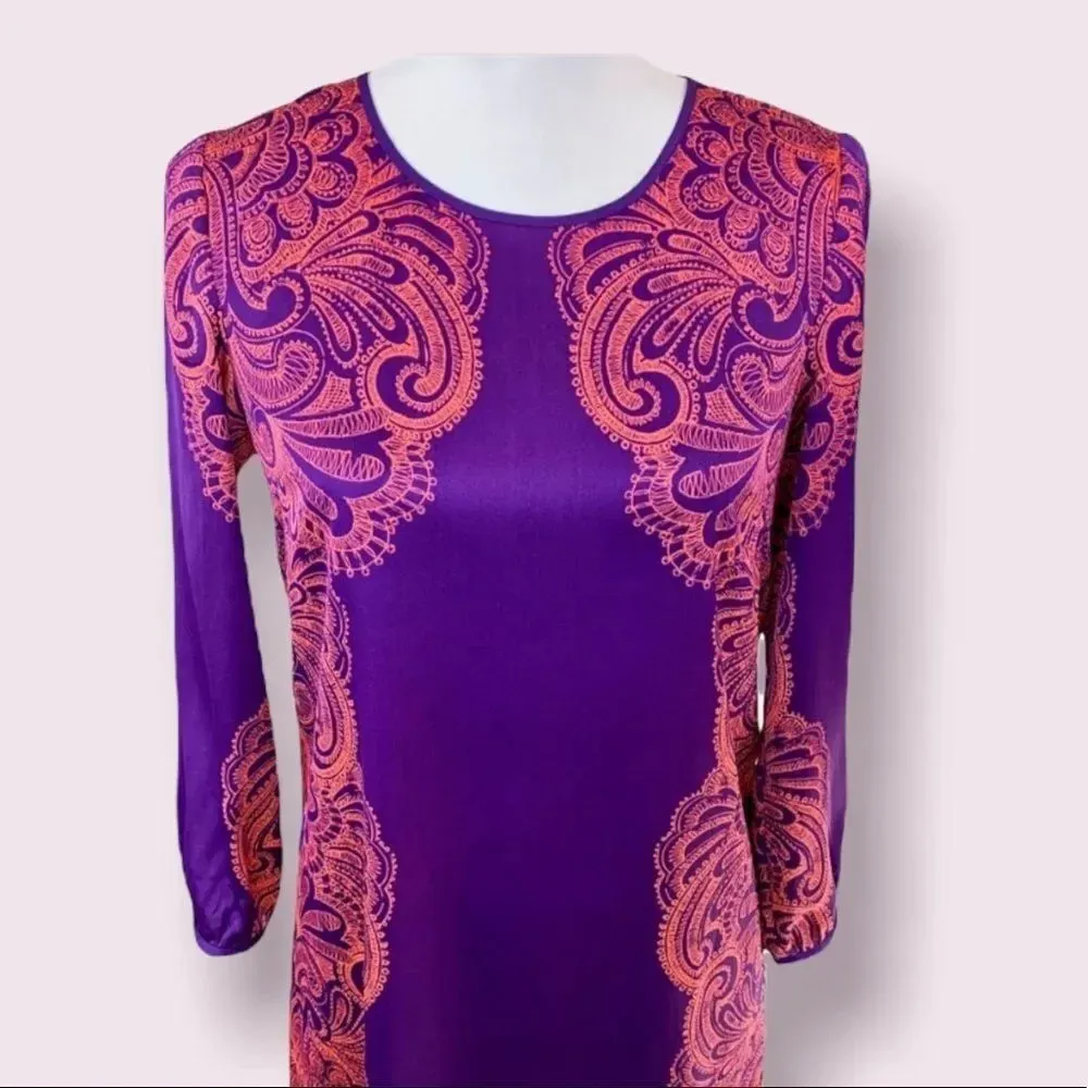 Juicy Couture Shift Dress 3/4 Sleeve Purple Satin Pink Paisley Design Size 2 - Image 2