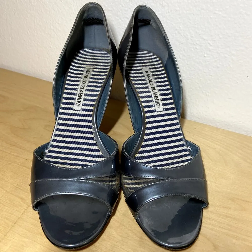 Manolo Blahnik Peep Toe Pumps Leather Striped Insole Silver EU38 US 7.5 - Image 3