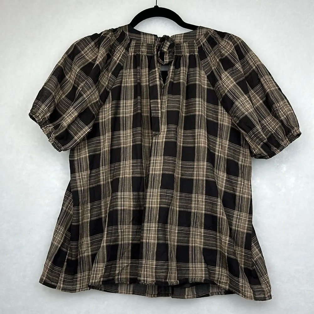 Women's  Volume-Sleeve Plaid Top Sz S Tie Back Boho/Work - Image 10