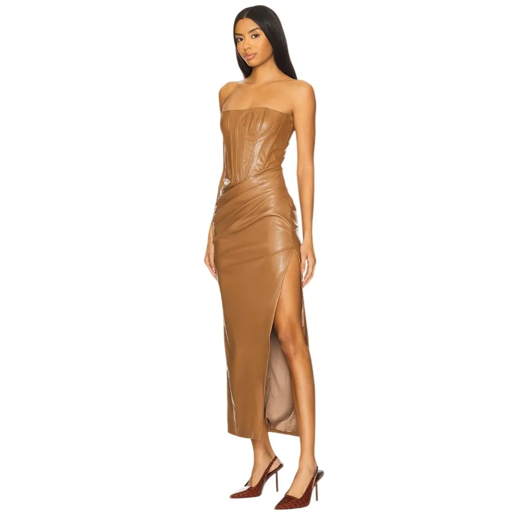 Bardot Everlasting Faux Leather Dress in Camel 2 New Womens Vegan Strapless Midi - Image 3