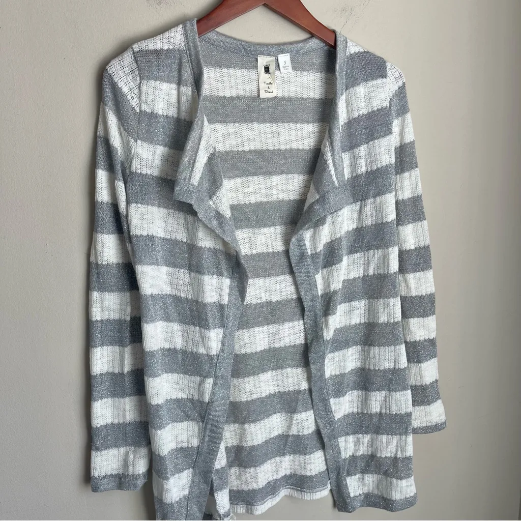 Anthropologie Needle & Thread Long Silver Metallic Striped Cardigan Size Small - Image 2