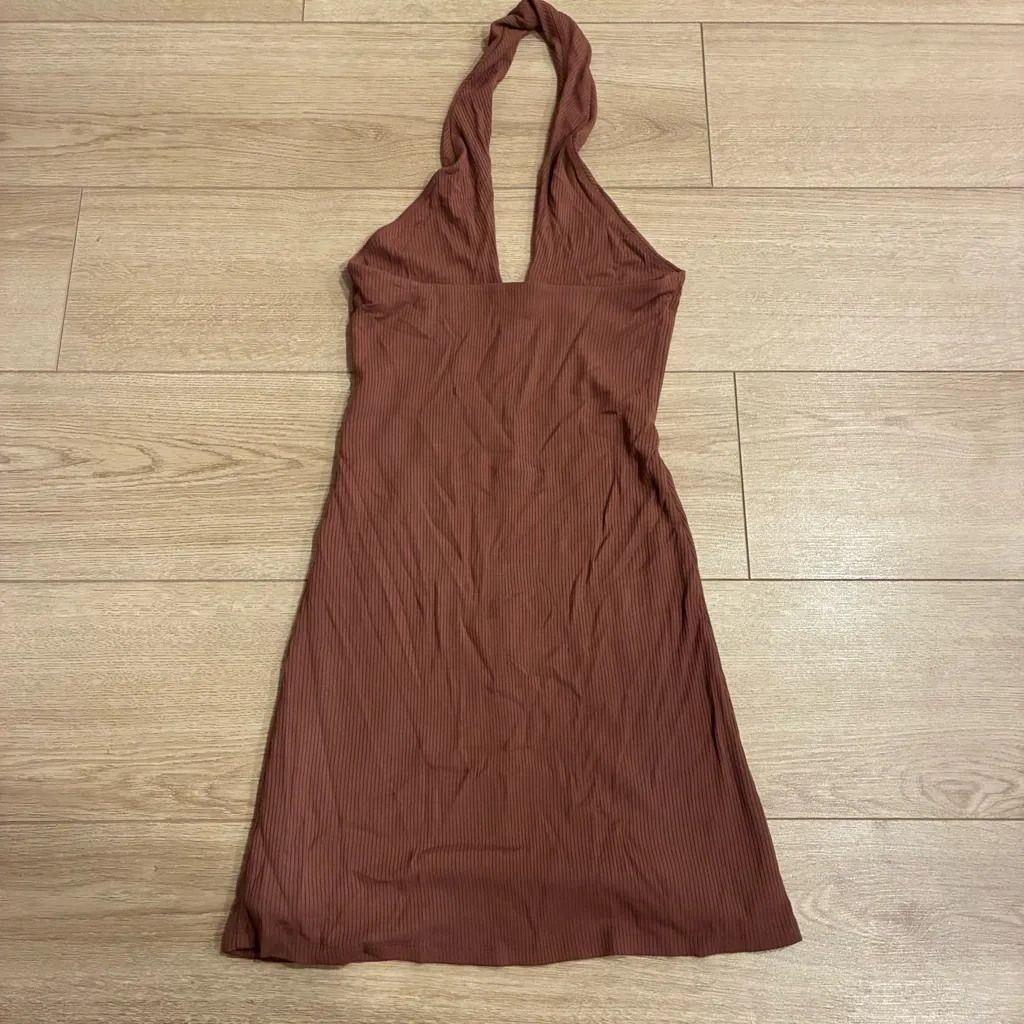 Wilfred x Aritzia Brown Ribbed V-neck Halter Mini Dress Tencel Modal Size S - Image 6