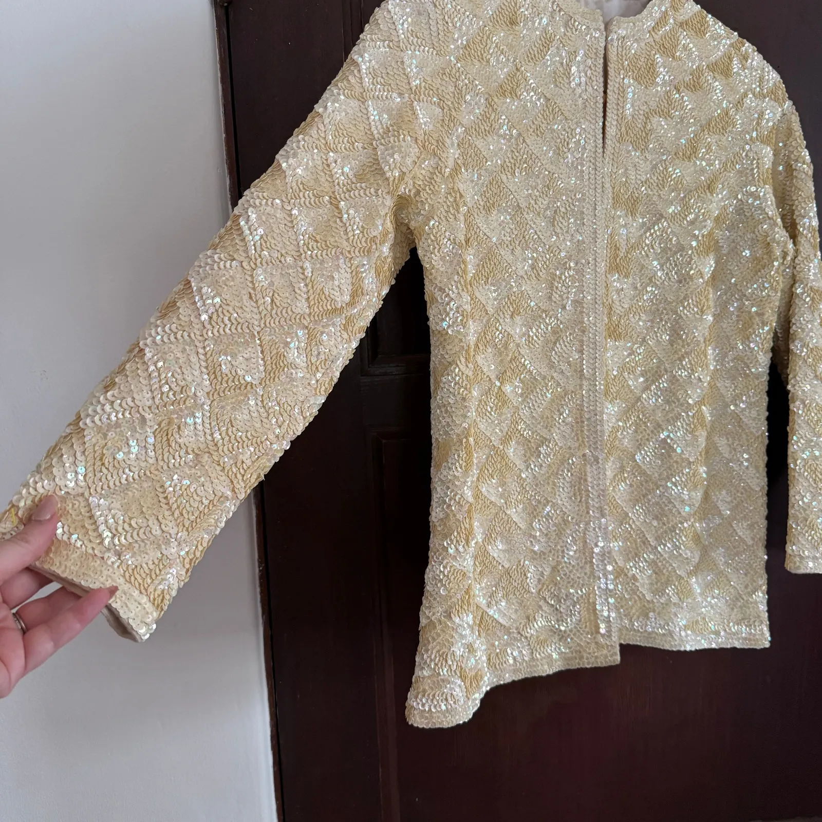 1950s Vintage Creamy Butter Yellow Sequin Patterned Evening Jacket Blazer XS - Image 5