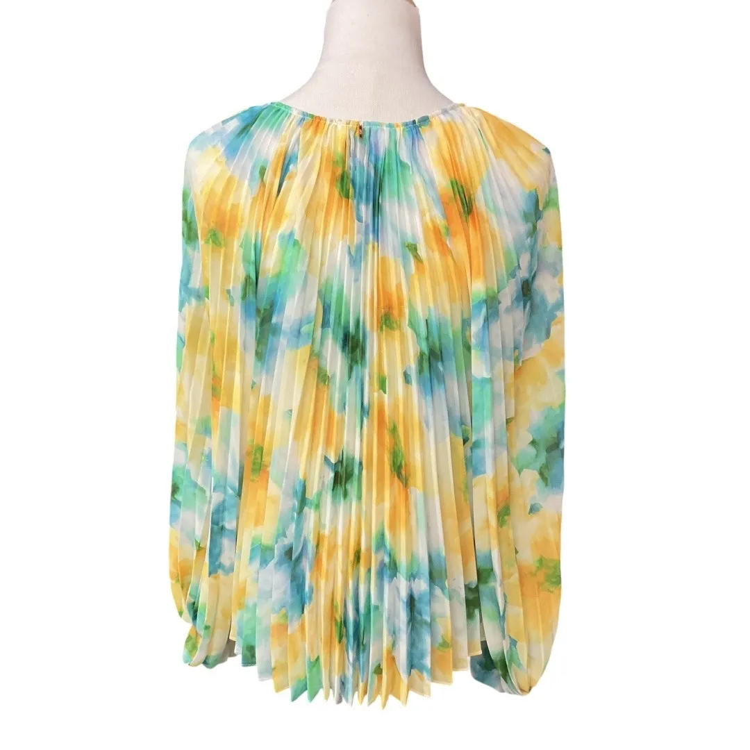 Misa Rina Top Citron Water Color V Neck Long Sleeve Tassel Pleated Top Sz L NWT - Image 5
