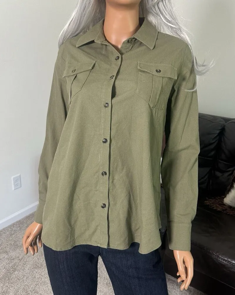 Tuckernuck Med Olive Steele Button Up Utility Blouse Shirt Linen Blend Forest - Image 1