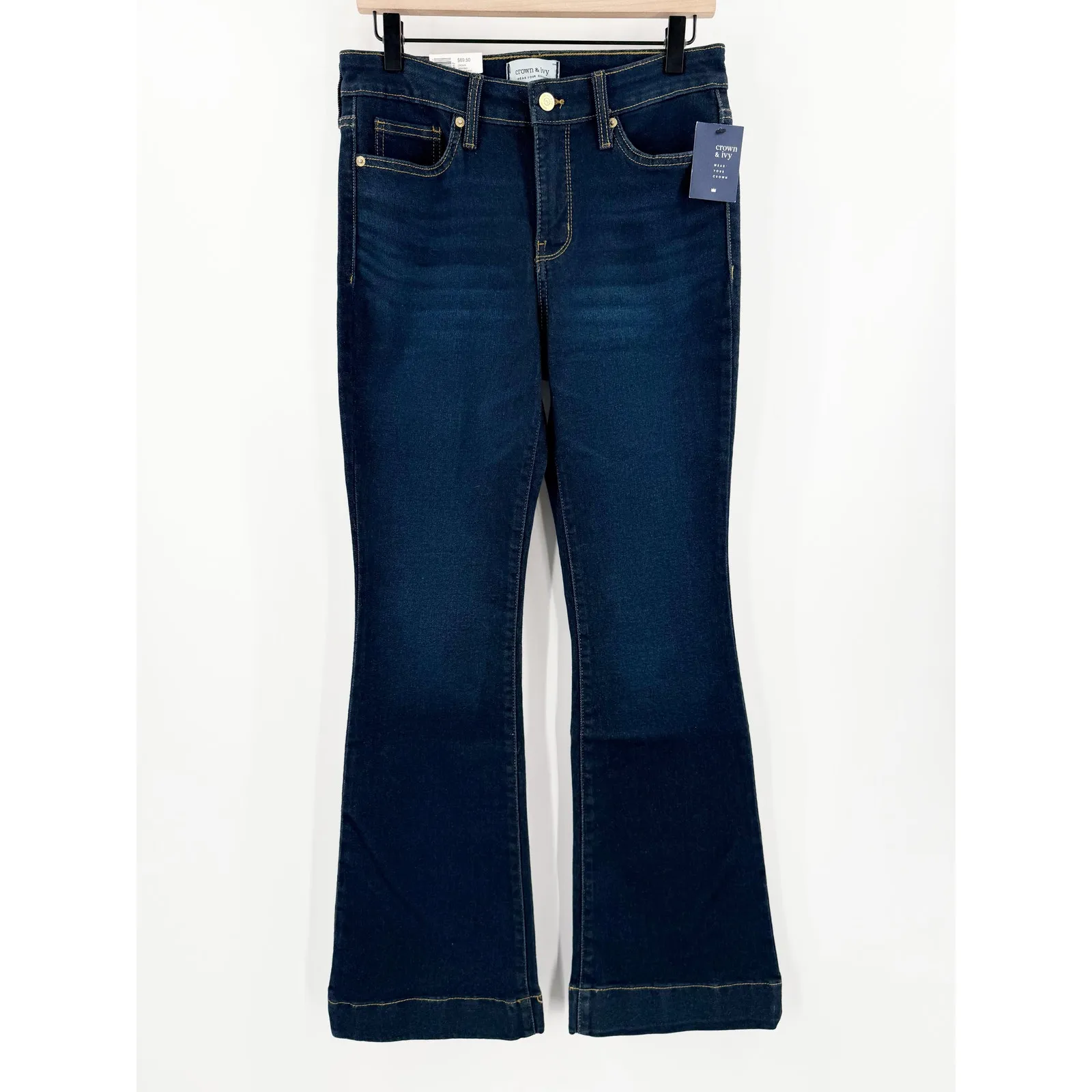 Crown & Ivy Jeans SZ 4 Jaden Wash High Rise Flare Gold Hem Denim NWT Cotton - Image 12