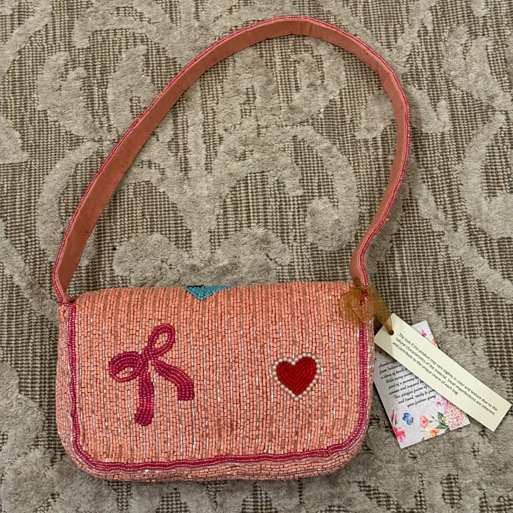 NWT Love Letter Heart Bows Pink Beaded Shoulder Bag Made in India Handcrafted - Image 3