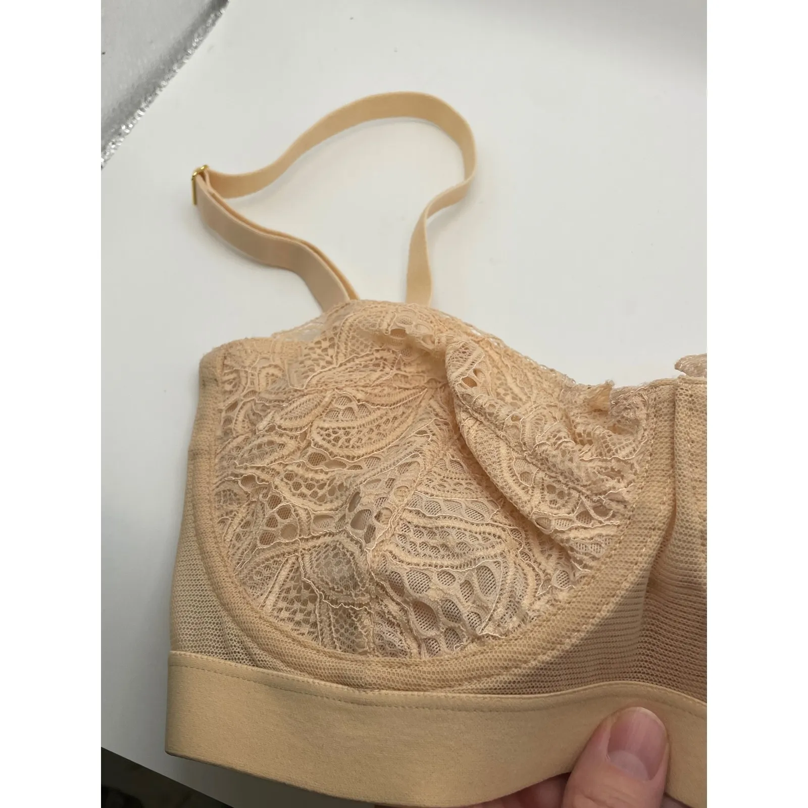Sheer Lace Longline Bralette Beige Unlined Underwire Cups Adjustable 32DDD Straps Tan Size undefined - Image 4