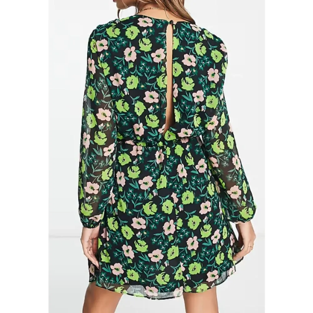 ASOS River Island Cowl Neck Mini Dress in Green Floral - Image 2