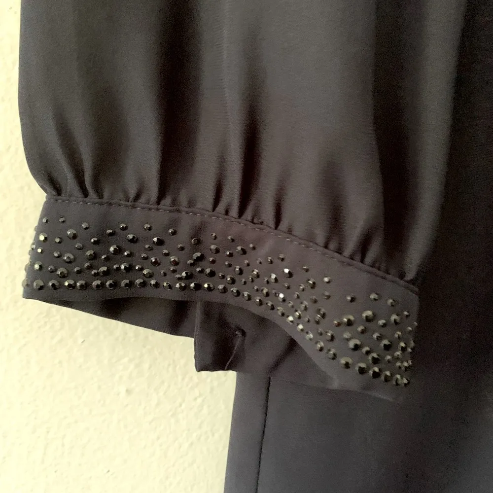 H&M Navy Blue Long-Sleeved Blouse with Bead Embellishments on Shoulders, Size M - Image 10