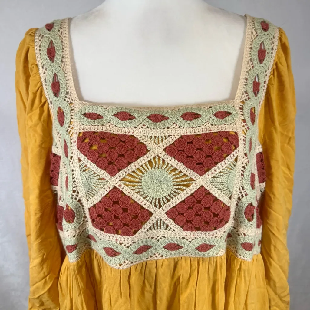 Cato mustard yellow long slit sleeve crocheted boho dress with pockets size XL - Image 3