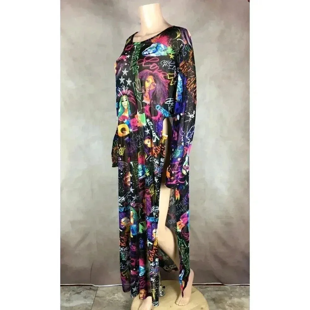 Graffiti Printed Sheer Mesh Maxi Dress Black Size undefined - Image 5