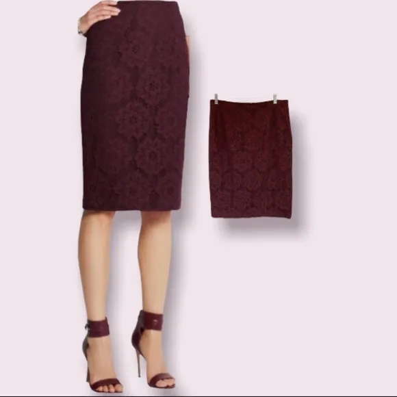 Burberry London Burgundy Floral Crocheted Lace Pencil Skirt 14 - Image 2