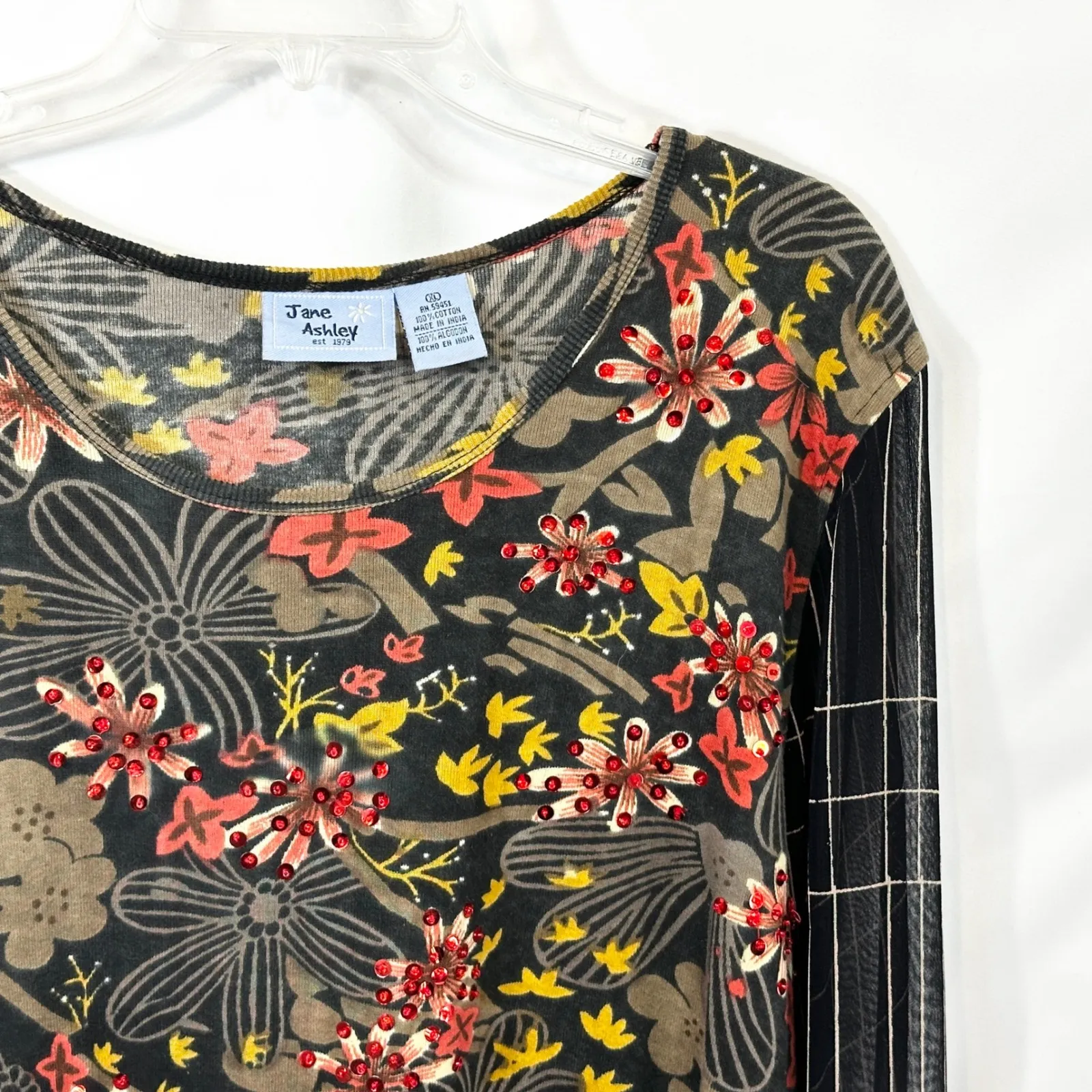 Jane Ashley XL Top Boho Floral Beaded Sheer Long Sleeve Grunge Y2K Hippie 1220 - Image 5