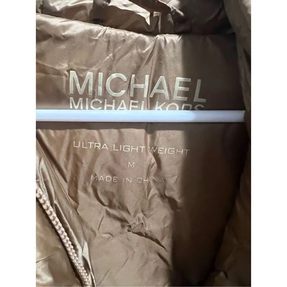 MICHAEL KORS Women's SZ M Hooded Quilted Puffer Jacket Coat Gold Lightweight NEW - Image 12