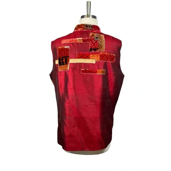 Vintage Quilted Mandarin Collar Vest Velvet Patchwork Silk Boho Women Size Large - Image 7