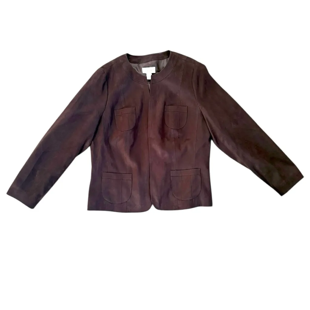 Talbots  Faux Suede Open Front Chocolate Brown Blazer Jacket Size 14 Classic - Image 2