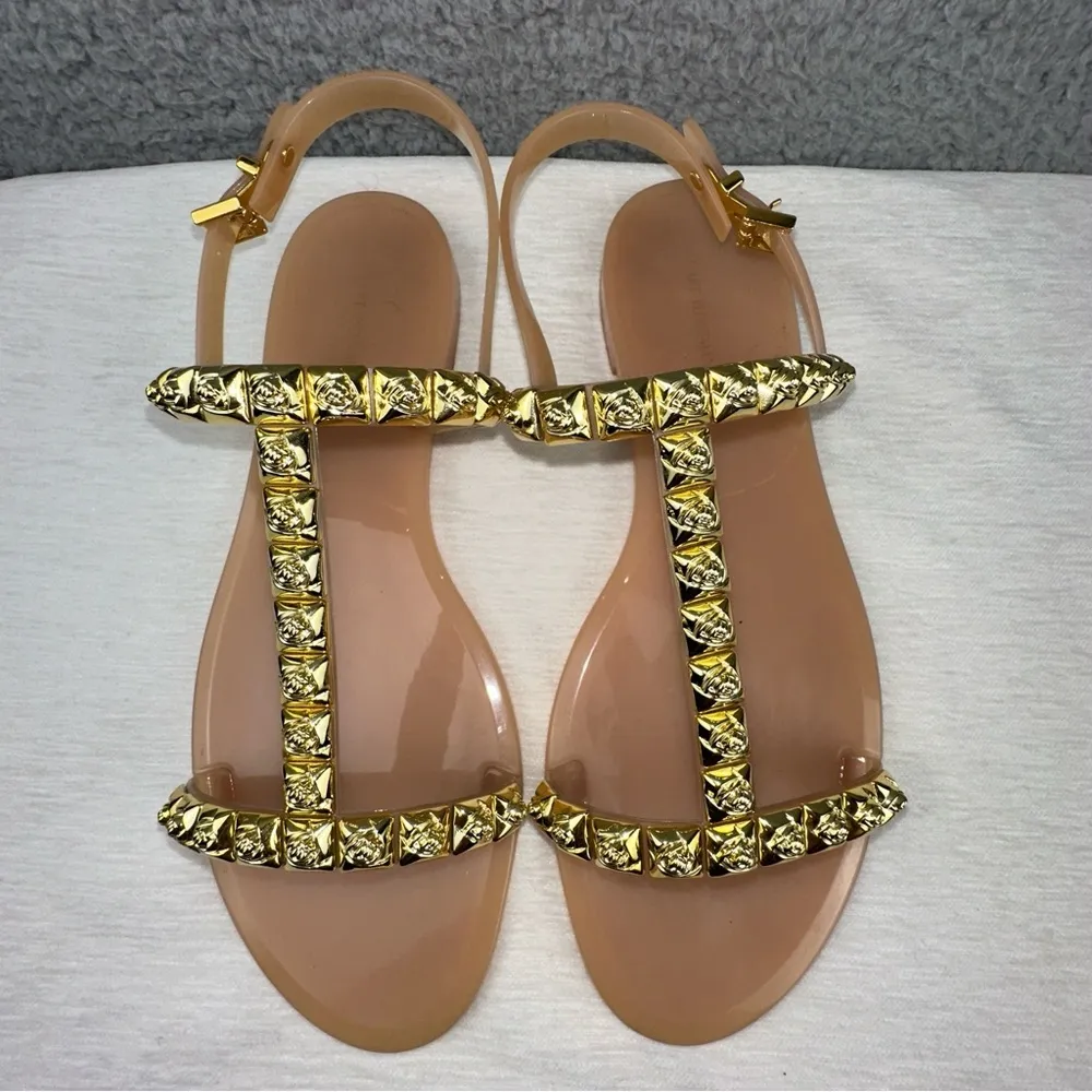 Stuart Weitzman Shoes 10 Gold Womens Jelly Rose Studded T-Strap Sandals - Image 6