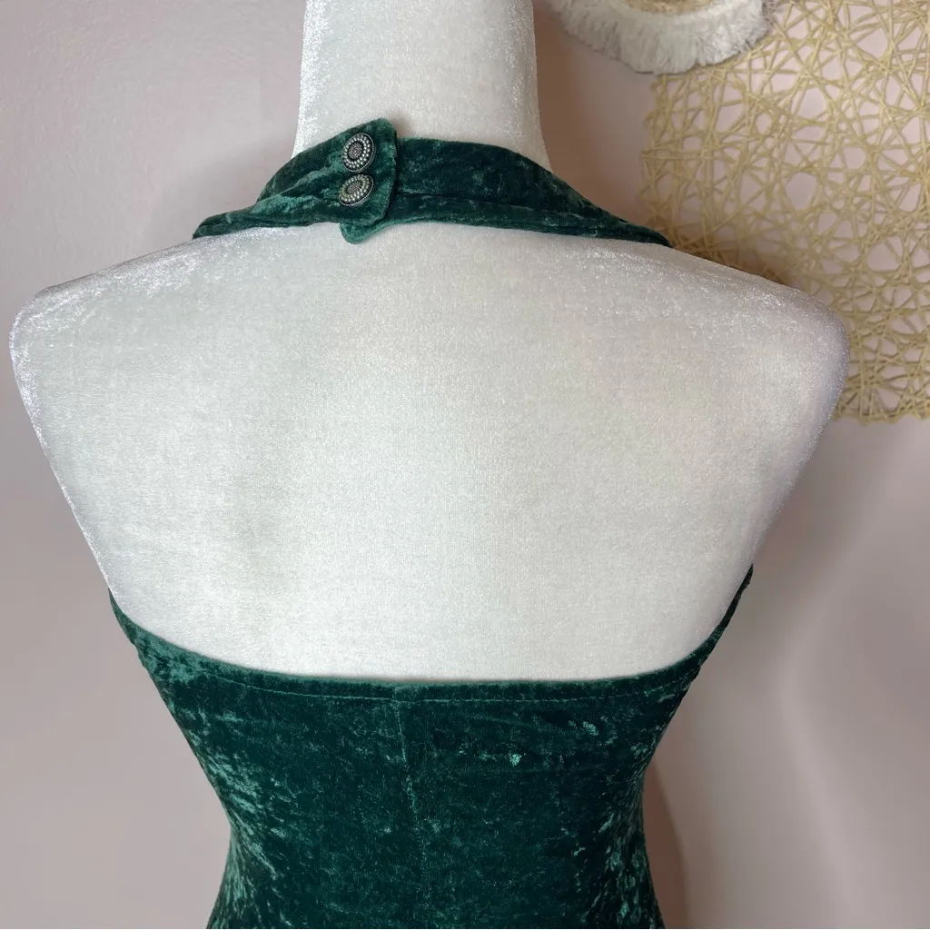 90s Vintage All That Jazz Crushed Velvet Halter Mini Dress (green) - medium - Image 5