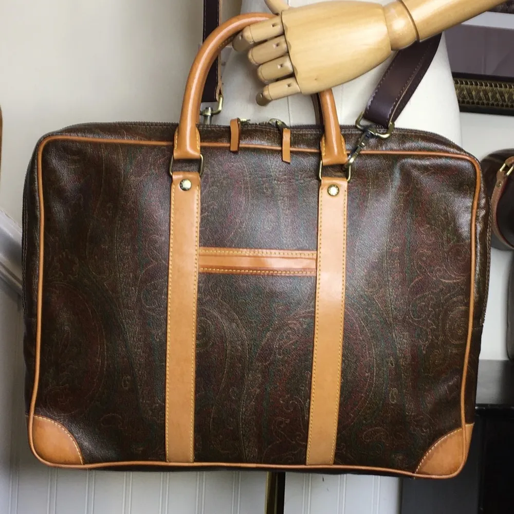 ETRO MILANO Red Paisley Coated Canvas and Vachetta Leather Top Handle Briefcase - Image 7