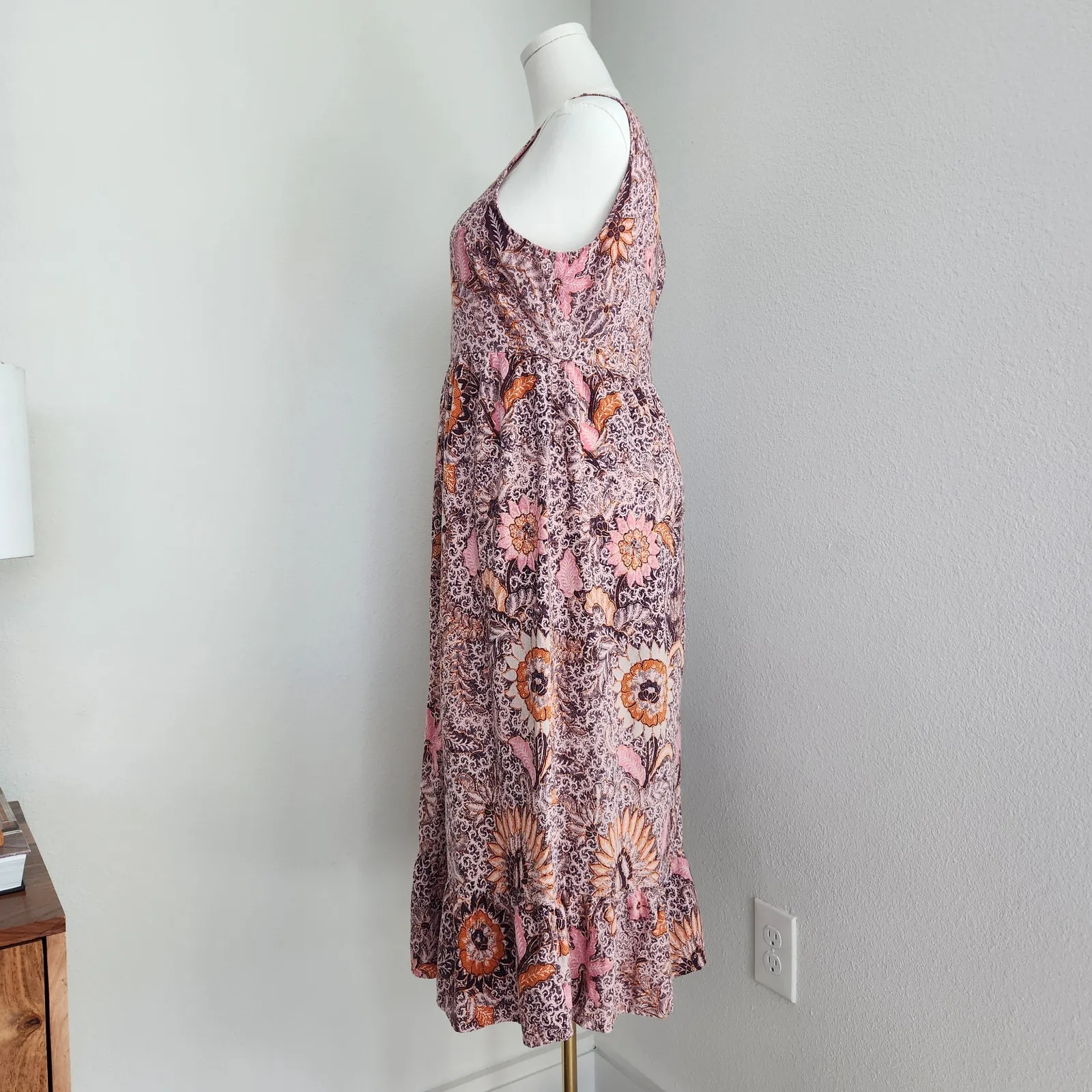 Madewell Boho Floral Thanksgiving Turkey Print Ruffle Midi Fall Dress M/L - Image 5