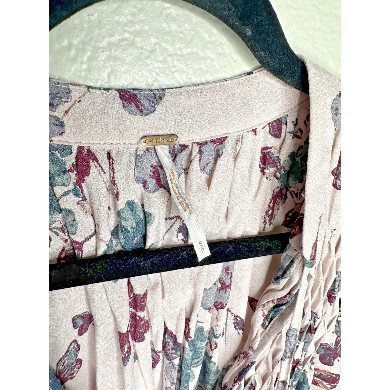 Free People Dress Womens Small Boho Peasant Smocked Long Sleeve Butterfly Pink - Image 2