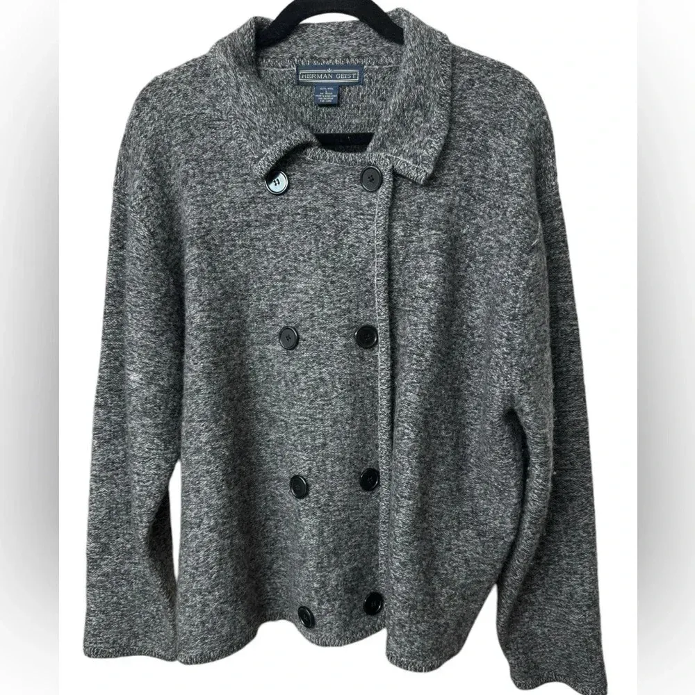 Herman Geist Wool‎ Sweater Jacket Women’s Medium Dark Gray, Button Down Gray - Image 3