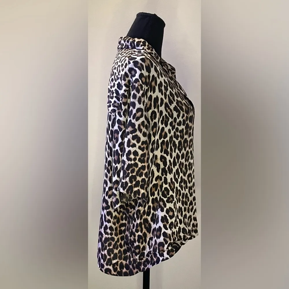 H&M- Button‎ Up Crop Top Womens Brown Ivory Leopard Print Collared Size M - Image 3