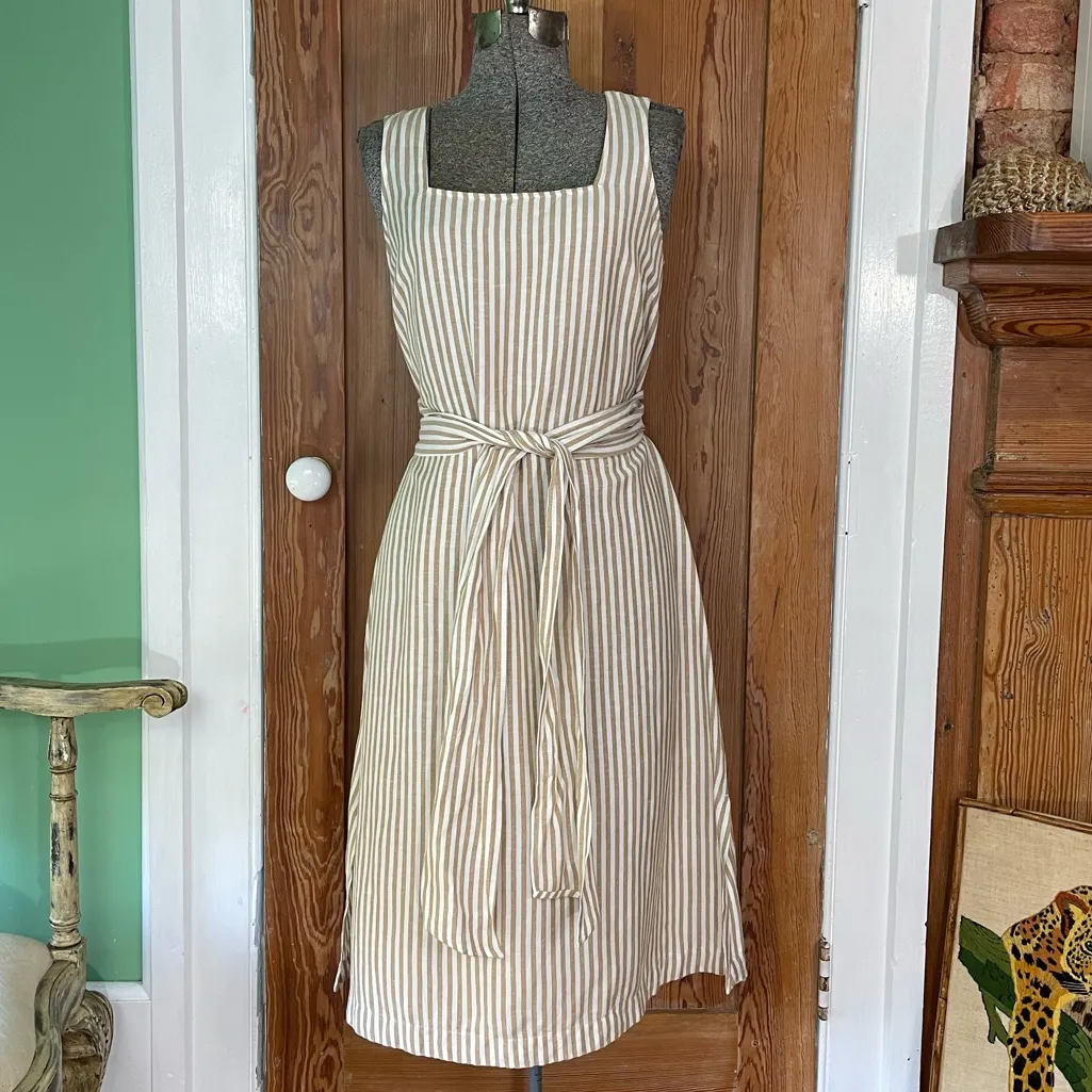 Ann Taylor Linen Blend Neutral Stripe Tie Waist Dress Small Petite 💛🍄 - Image 2