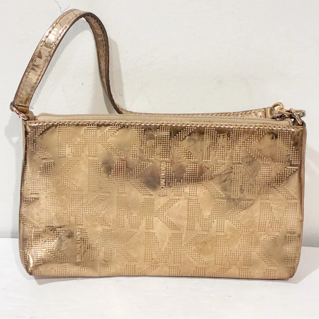 Michael Kors Signature Logo Large Top Zip Pouch Wristlet Mirror Gold‎ - Image 5