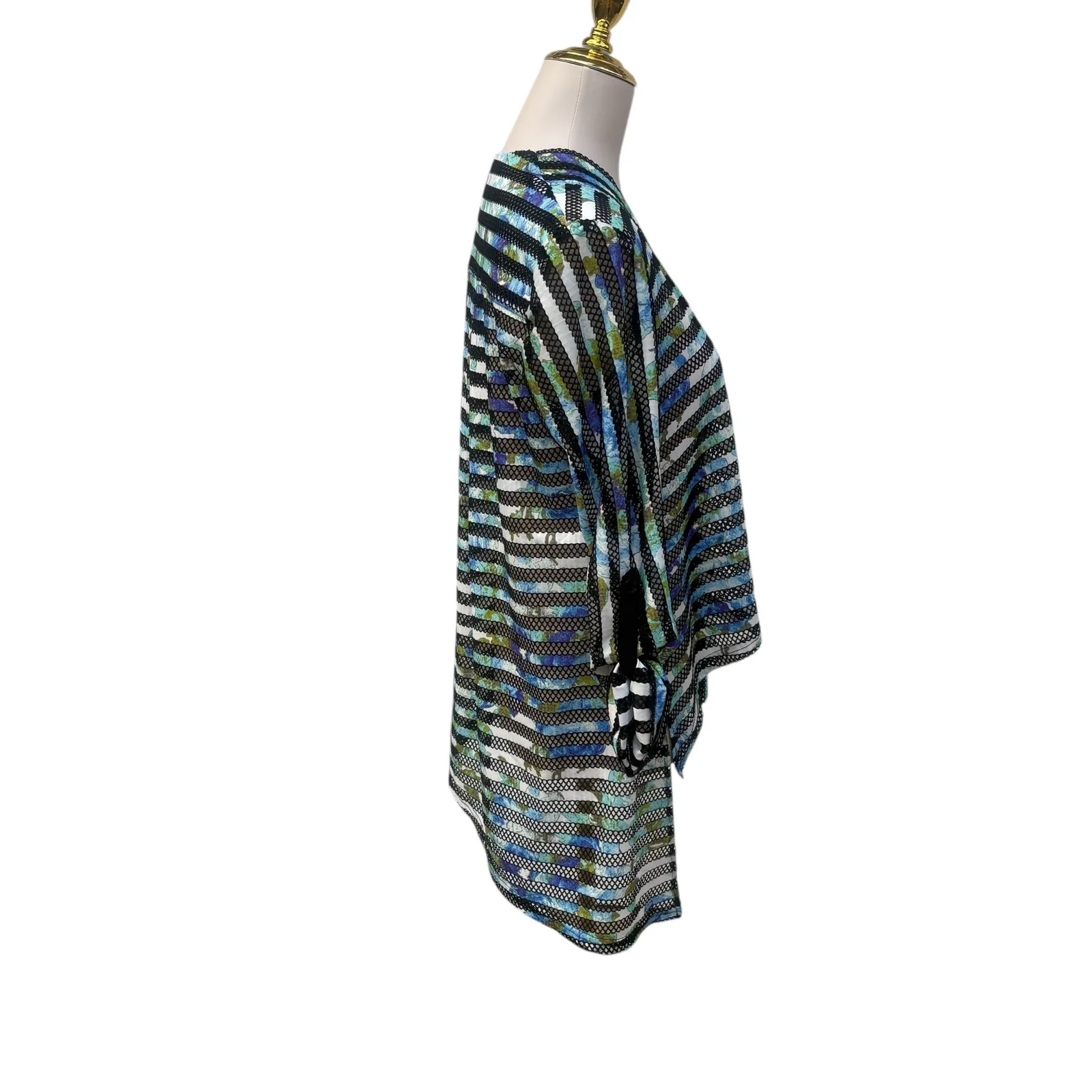 Joseph Ribkoff Shirt Sz 4 Black Blue Stripes Mesh 3/4 Sleeves Asymetrical Artsy - Image 5