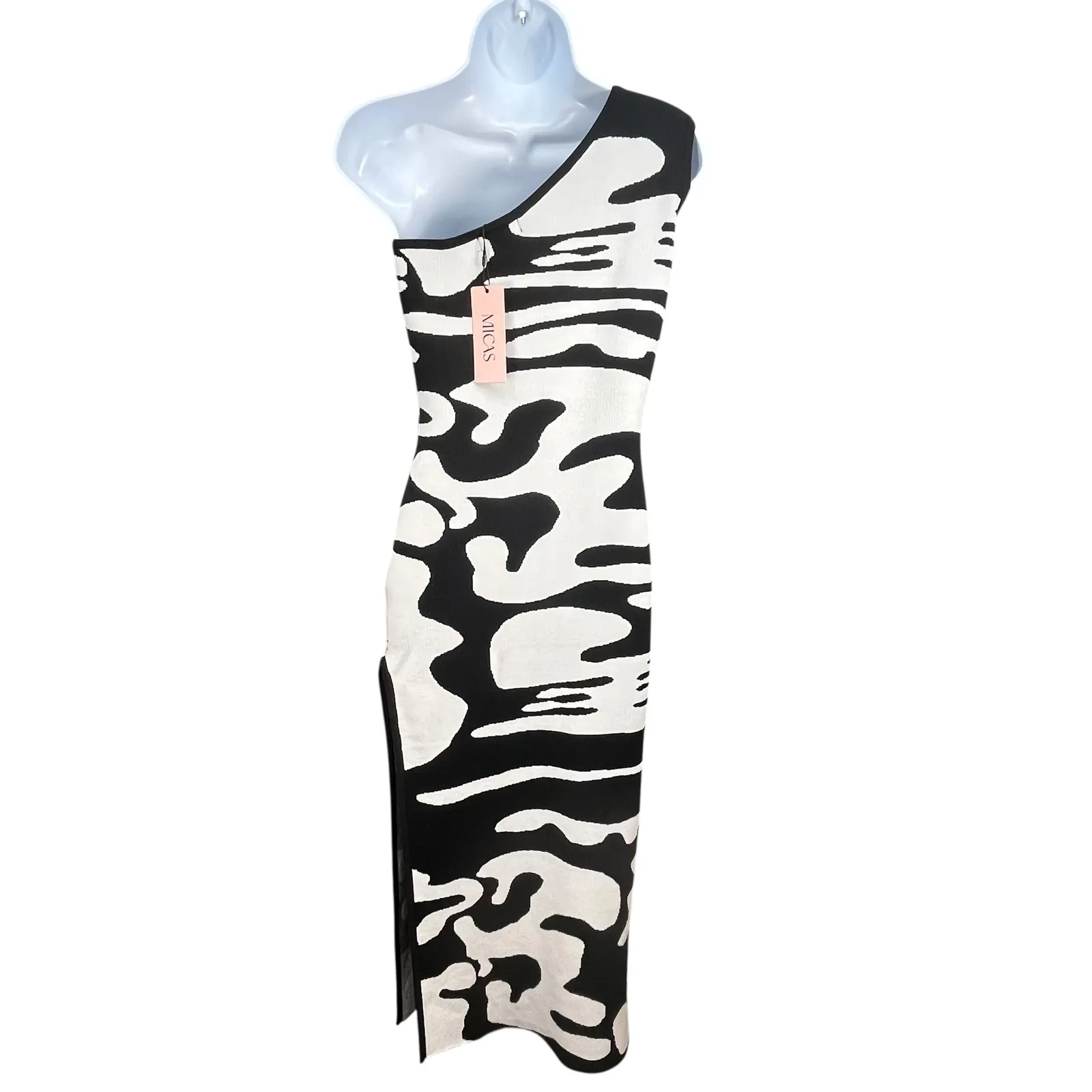 Micas Women One Shoulder Black White Abstract Knit Bodycon Maxi Dress Slit Small - Image 2