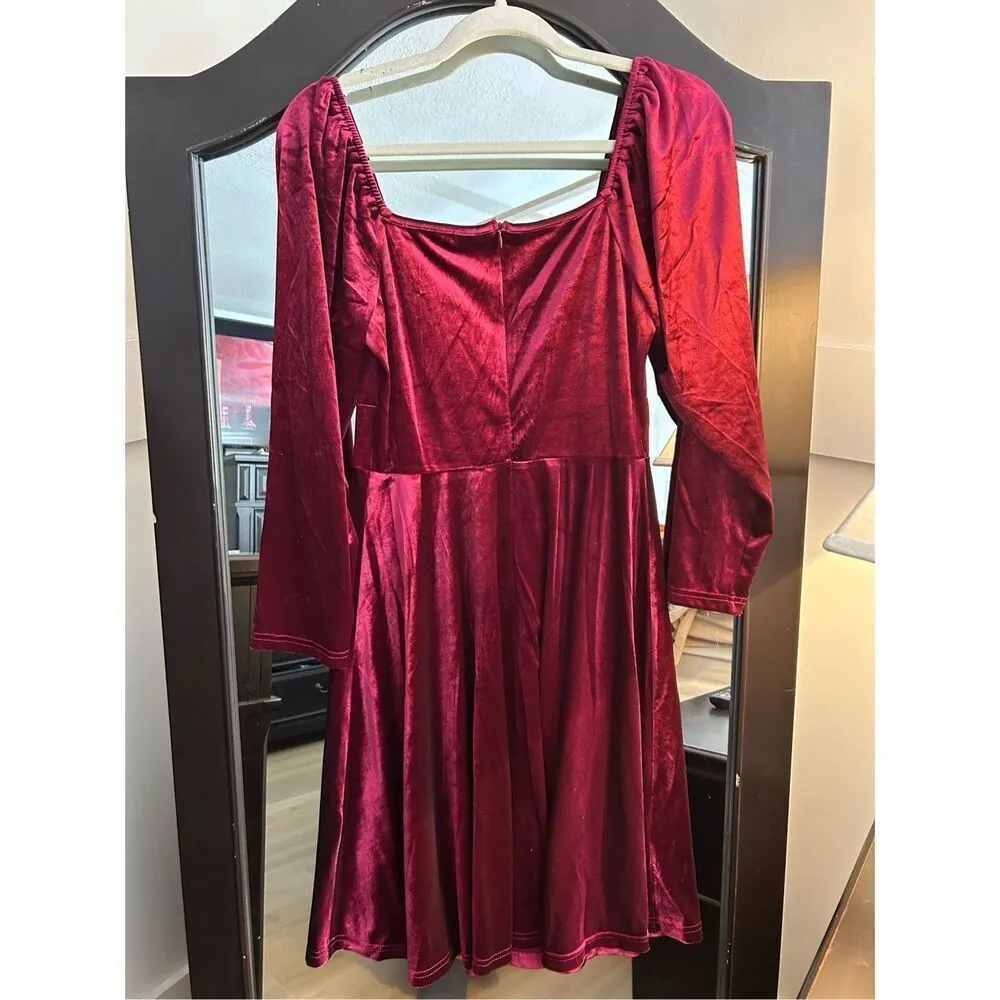 NEW Velvet Square Neck Mini Dress Long Sleeve Cocktail Dress S Red - Image 7