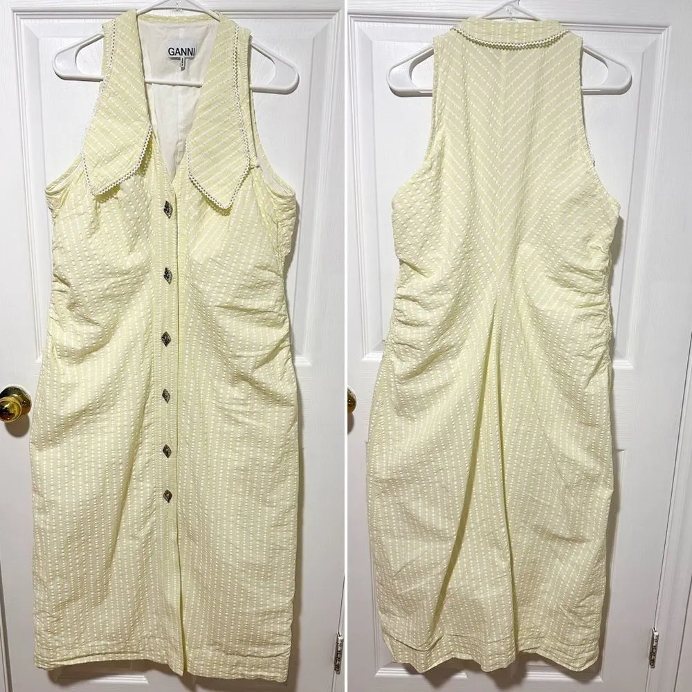 Ganni Seersucker Stripe Midi Dress Stripe Flan Size 14 Yellow - Image 6
