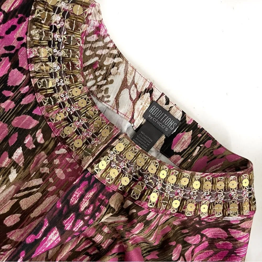 CHICOS ADDITIONS Pastel Animal Prints Open Jacket Sequin Collar Size 3 XL - Image 9