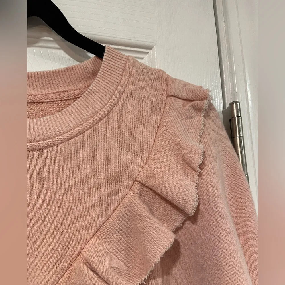NWOT Free People Size S Pink Ooh La Ruffle Yoke Long Sleeve Raw Hem Sweatshirt - Image 2