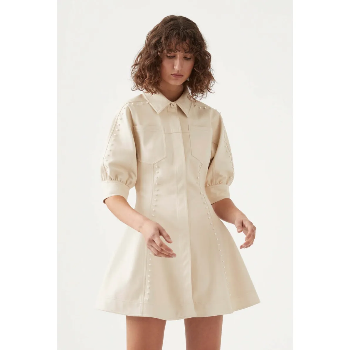 Aje Claire Pearl Mini Dress Faux Leather Ivory Cream Ecru White Size 8 - Image 10