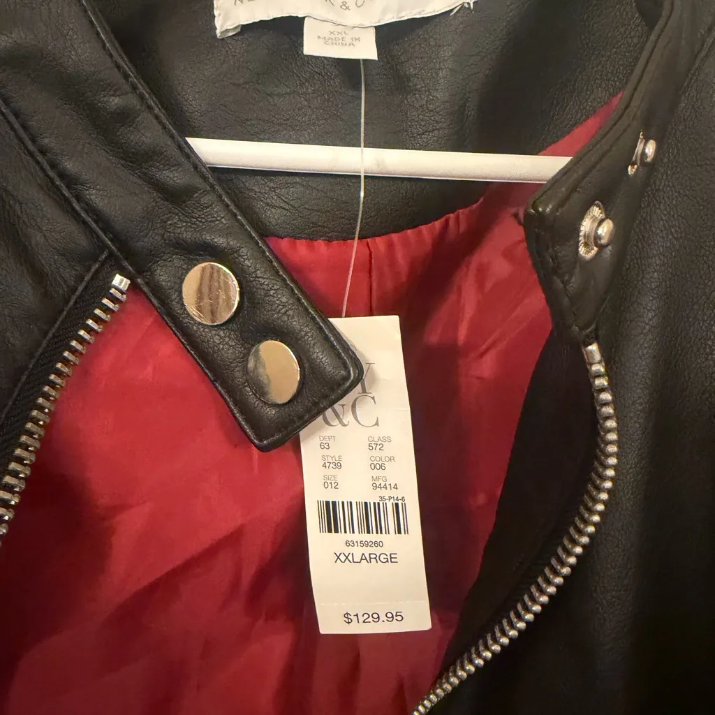 New York & Company Black faux Leather motorcycle Jacket with Red Interior Size XXL - Image 2
