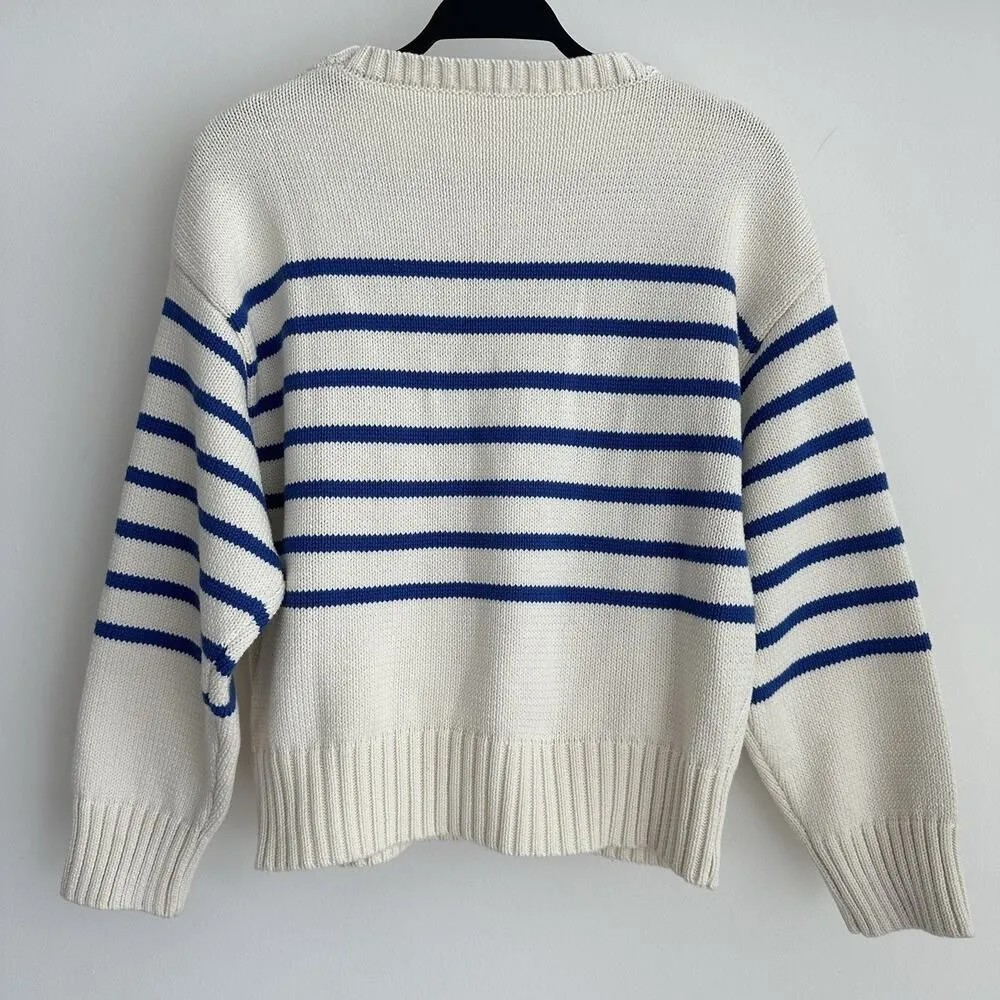 Marea by Liz Joy Lake Sweater Medium Striped Sailor Coastal Tennis Quiet Luxury Blue - Image 8