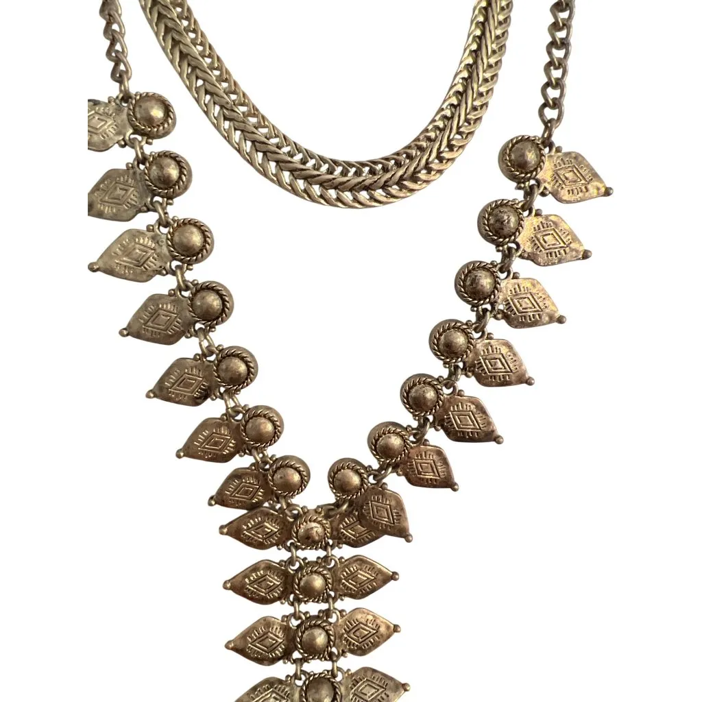 Macys Gold Tone Zipper Y Necklace Tribal Boho Choker Layered Double Strand NWT - Image 3