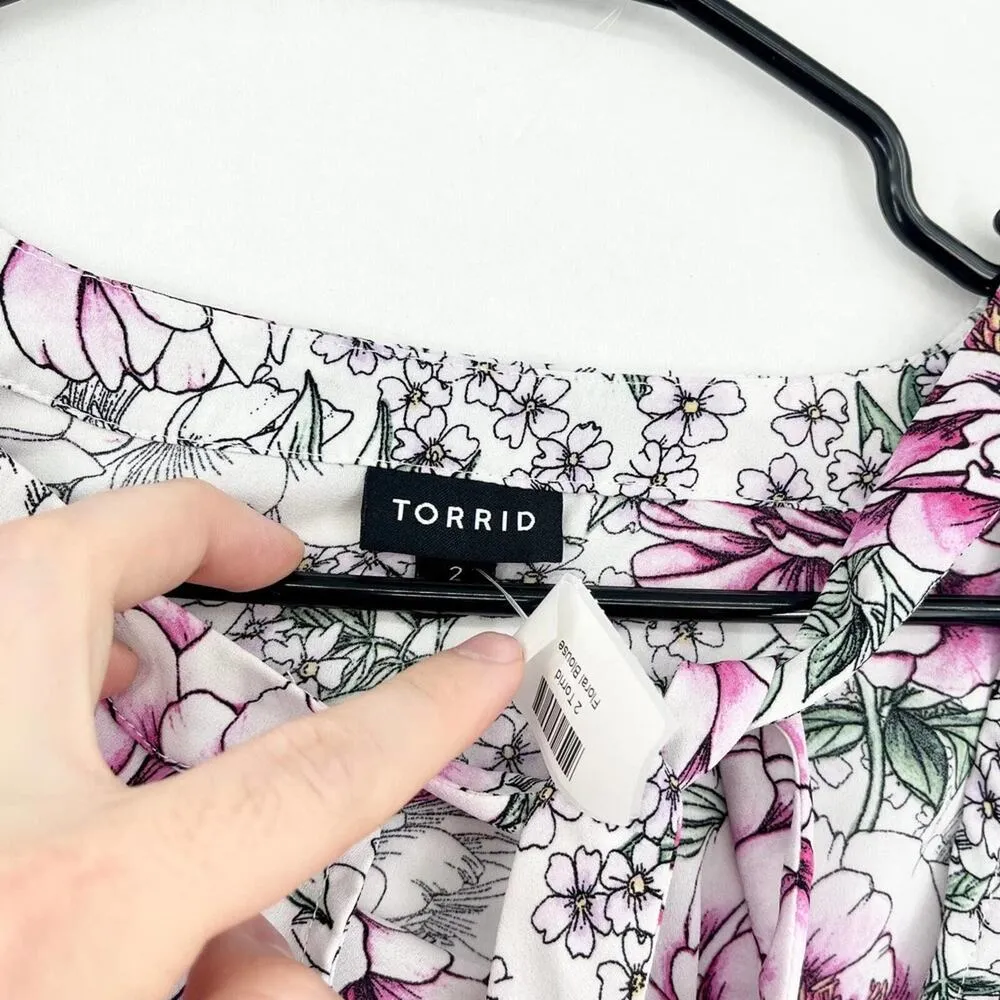 TORRID Blouse Women Size 2/XXL Pink & White Floral Halter Neck Tied Long Sleeve - Image 2