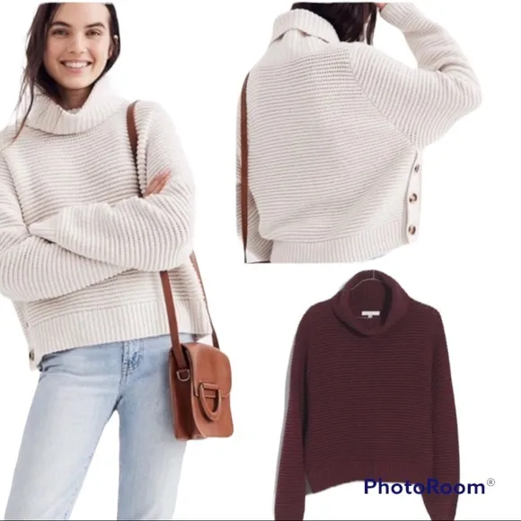 Madewell Side Button Turtleneck Chunky Merino Wool Blend Textured Sweater Sz XS - Image 2