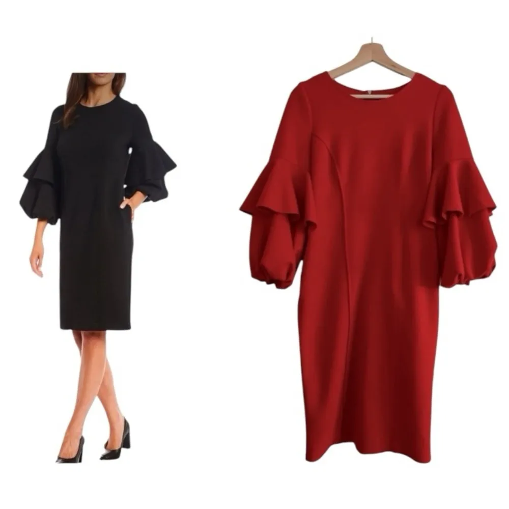 IC COLLECTION Red Scuba Knit Ruffled Balloon Sleeve Red Sheath Dress Size XS NEW - Image 2