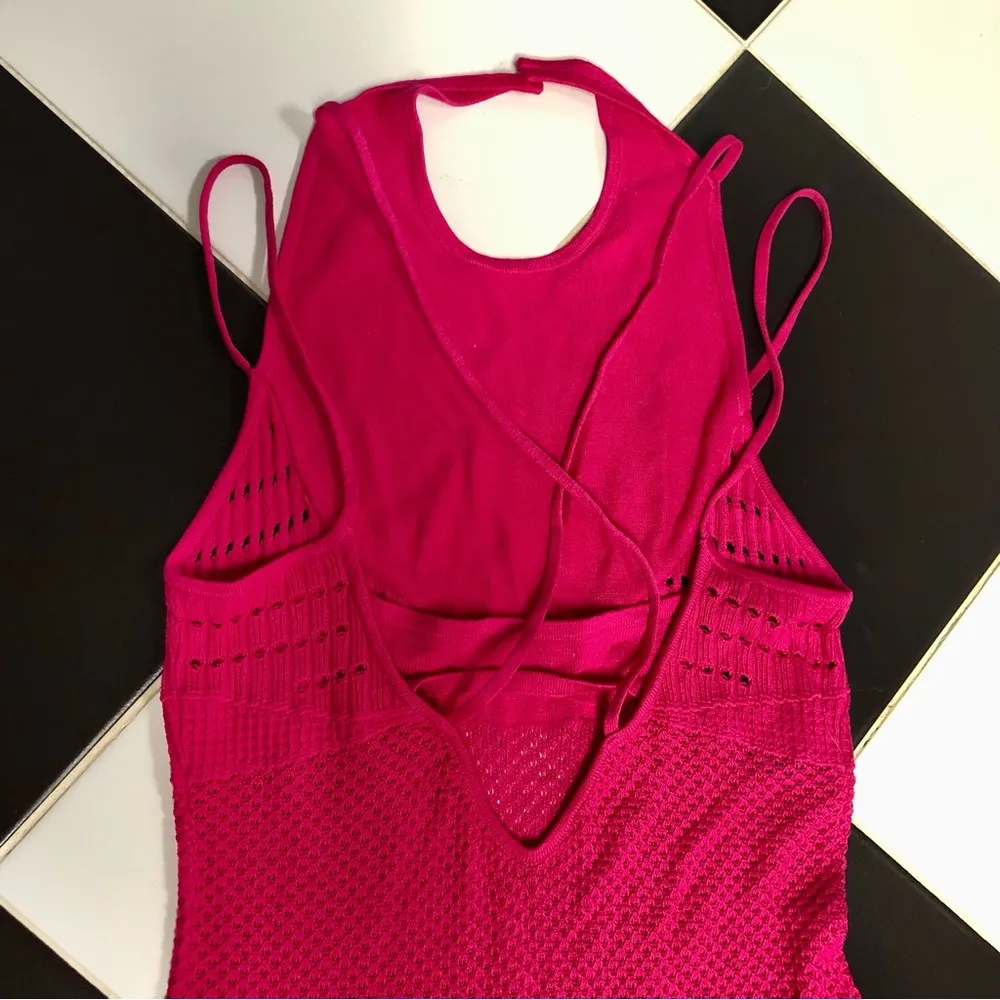 Esteban Cortazar Collective Stretchy Midi Dress Hot Pink Crochet Wedding Guest L - Image 12