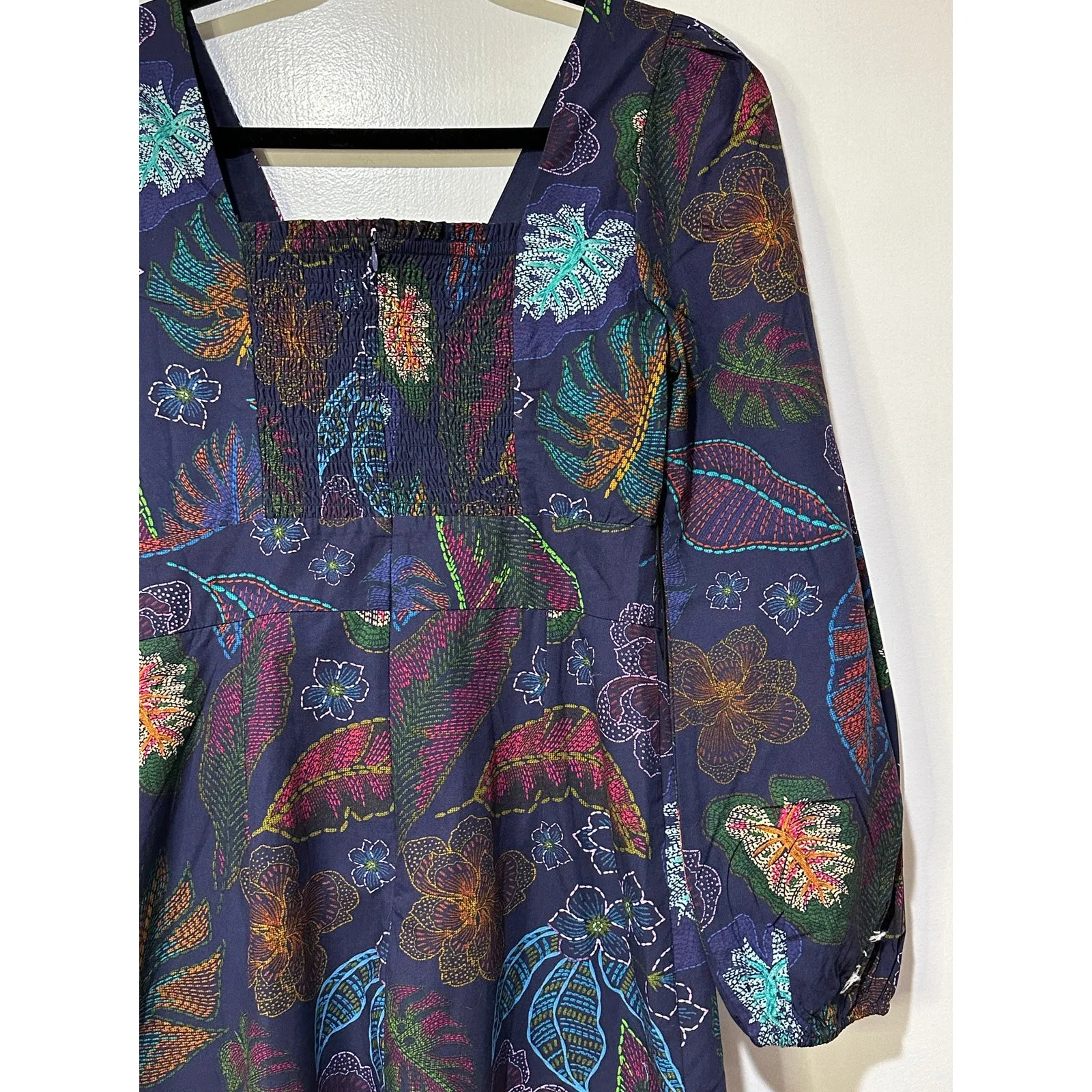 Allison New York Flora Mini Dress Navy Floral Sz 4 NWT Smocked Back Long Sleeves Blue - Image 12