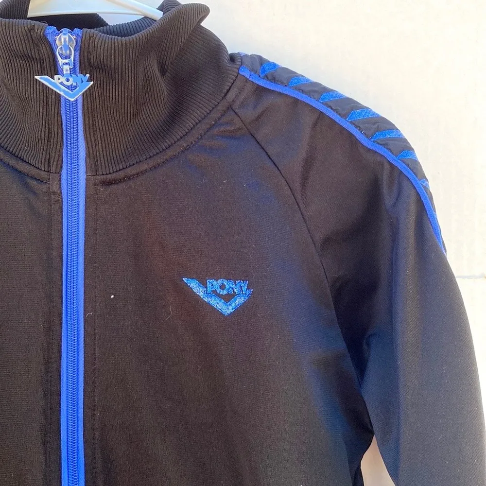 Pony Women Medium vintage Track Jacket Black & Blue Zip Up Coat With Logo - Image 3