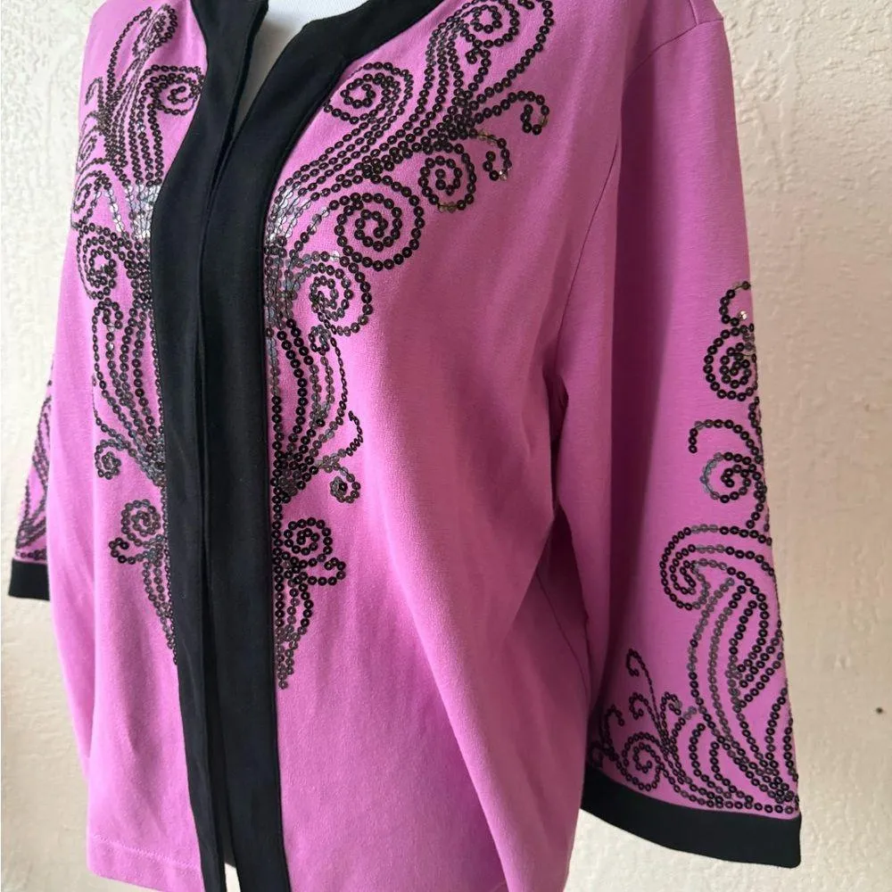 Bob Mackie Large Knit Jacket Pink Black Sequin 3/4 Sleeves Wearable Art Classic - Image 2